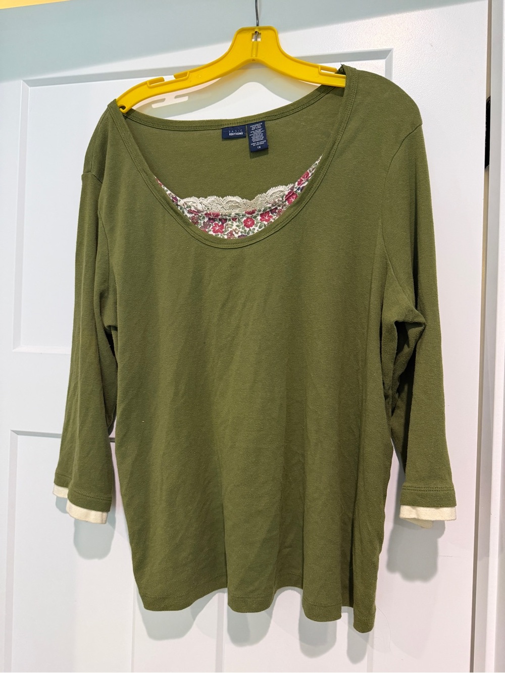 BASIC EDITIONS Olive Green Layered-Look Scoop Neck Top-Size 1X